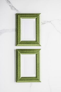 Modern feminine, artwork mock up, luxury design concept. Decorate with chic and style - Green photo frame on marble, flatlay