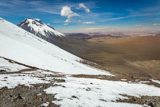 Atacama desert, volcano and arid landscape in Northern Chile, border with Bolivia, South America