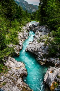 Emerald Soca River in Soca Valley, Slovenia, Europe