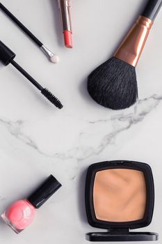 Modern feminine lifestyle, blog background and styled stock concept. Beauty and fashion inspiration - Make-up and cosmetics flatlay on marble