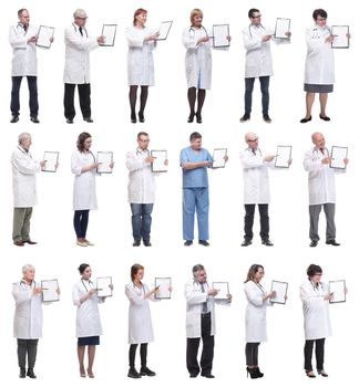 full length group of doctors with notepad isolated on white background