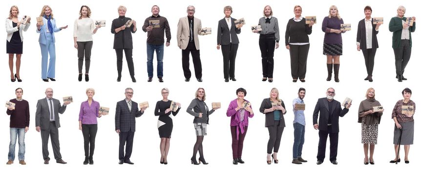 group of happy people with gifts in their hands isolated on white background