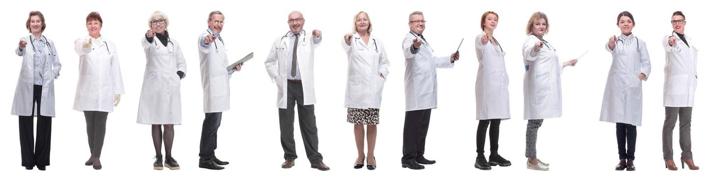 group of doctors in full length isolated on white background