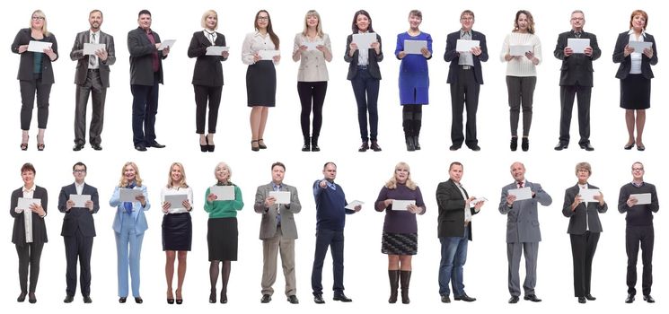 group of people demonstrating tablet looking at camera isolated on white background