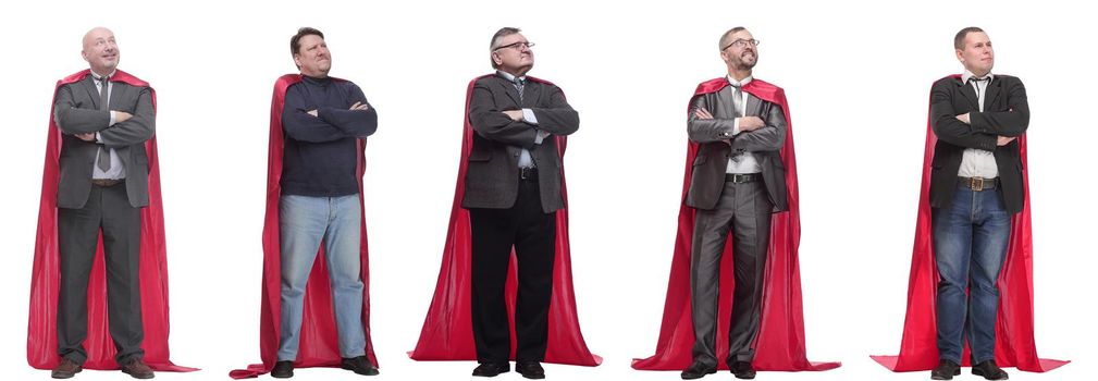 group of people in red raincoat isolated on white background