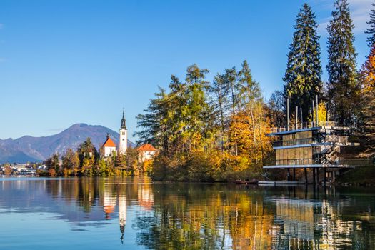 Lake Bled with St. Marys Church of the Assumption on the small island. Zaka, Bled, Slovenia, Europe.