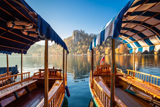 Traditional wooden boats on picture perfect lake Bled, Slovenia.