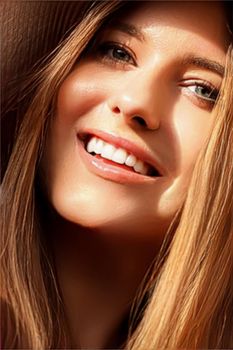 Fashion, travel and beauty face portrait of young woman, happy smiling model wearing beach sun hat in summer, head accessory and style concept