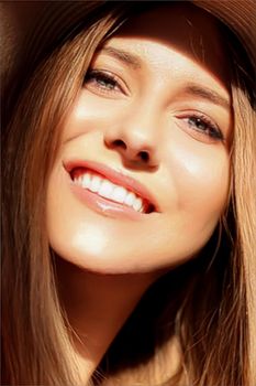 Fashion, travel and beauty face portrait of young woman, happy smiling model wearing beach sun hat in summer, head accessory and style concept