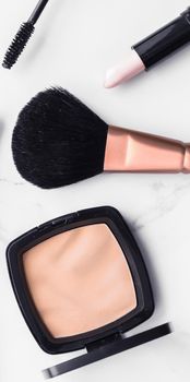 Modern feminine lifestyle, blog background and styled stock concept. Beauty and fashion inspiration - Make-up and cosmetics flatlay on marble