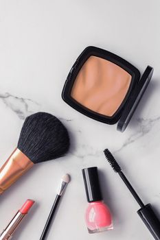 Modern feminine lifestyle, blog background and styled stock concept. Beauty and fashion inspiration - Make-up and cosmetics flatlay on marble