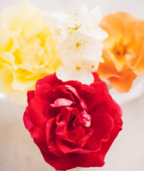 Beautiful floral flatlay composition - wedding decor, florist designed and perfect garden concept. The flowers of love