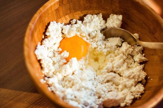 Flour, eggs and cottage cheese, rustic cookbook recipe - weekend cooking, food blog and homemade cuisine concept. Making your favorite pastry