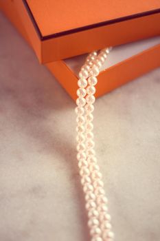 Chic pearl jewellery in a present box - Valentine's day ideas, luxury shopping and holiday inspiration concept. The perfect gift for her