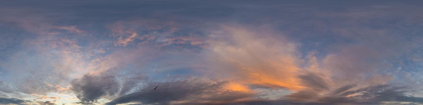 Dark blue sunset sky panorama with pink Cumulus clouds. Seamless hdr 360 pano in spherical equirectangular format. Full zenith for 3D visualization, game, sky replacement for aerial drone panoramas