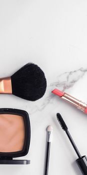 Modern feminine lifestyle, blog background and styled stock concept. Beauty and fashion inspiration - Make-up and cosmetics flatlay on marble