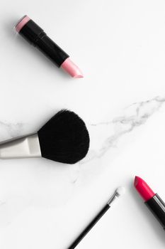 Make-up and cosmetics on marble, flatlay - modern feminine lifestyle, vlog background and styled stock concept. Beauty inspiration in a fashion blog