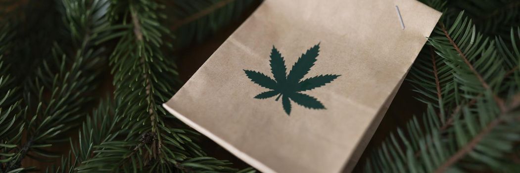 Paper bag with marijuana lying among green christmas tree branches closeup. Creative gifts for new year concept