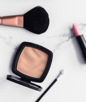 Modern feminine lifestyle, blog background and styled stock concept. Beauty and fashion inspiration - Make-up and cosmetics flatlay on marble