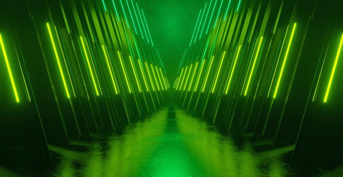 Green Alien Room Futuristic Background Underground Hall Corridor Tunnel Led Lights Laser 3D Illustration