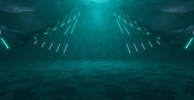Fantasy Space Futuristic Deep Blue Green Hangar Banner Background 3D Illustration