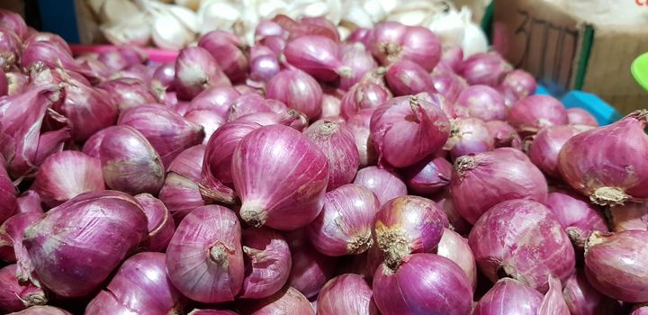 Group of Shallots onion Fresh purple shallots or Allium cepa, close up picture in the market