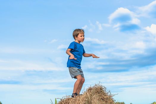 Boy smile play dance grimace show off blue t-shirt stand on haystack bales of dry grass, clear sky sunny day. Balance training. Concept happy childhood, children outdoors, clean air close to nature.