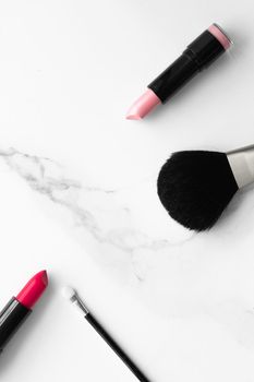 Make-up and cosmetics on marble, flatlay - modern feminine lifestyle, vlog background and styled stock concept. Beauty inspiration in a fashion blog