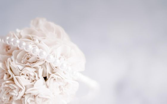 Bridal bouquet of white roses - wedding day, floral beauty, luxury event decoration concept. The happiest day of our lives