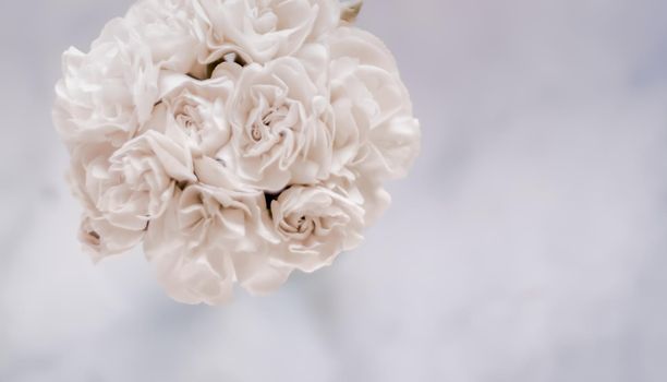 Bridal bouquet of white roses - wedding day, floral beauty, luxury event decoration concept. The happiest day of our lives