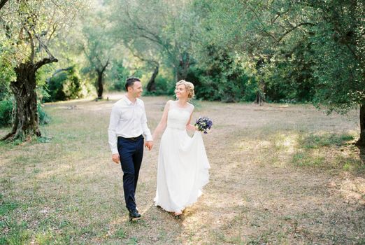 Bride and groom walk hand in hand through the olive grove. High quality photo