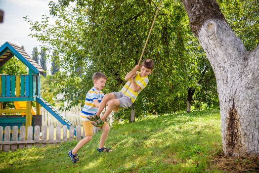 Two adorable happy little boys is having fun on a rope swing which he has found while having rest outside city. Active leisure time with children.