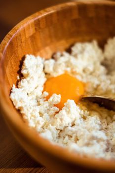 Flour, eggs and cottage cheese, rustic cookbook recipe - weekend cooking, food blog and homemade cuisine concept. Making your favorite pastry