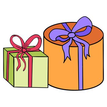 Hand drawn illustration of present gift box for christmas, brithday, valentine day holidays. Sale packages with bown ribbon, festive greeting event celebration shopping