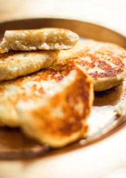 Lactose free, low carb cottage cheese pancakes, cookbook recipe - healthy nutrition, rustic and traditional food concept. Your favourite homemade breakfast is served