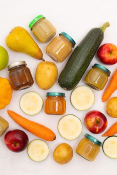 Layout of Puree for baby food with vegetables and fruits. Selective focus. nutrition. The first complementary feeding of the child. A happy child. A well-fed child. Copy space. Article about baby food