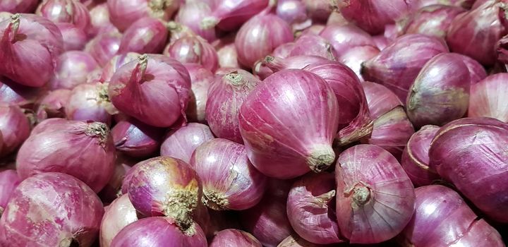 Group of Shallots onion Fresh purple shallots or Allium cepa, close up picture in the market