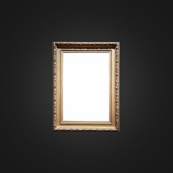 Antique art fair gallery frame on royal black wall at auction house or museum exhibition, blank template with empty white copyspace for mockup design, artwork concept