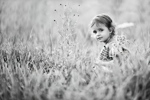 Little girl in a summer wheat field. black and white photo. download photo