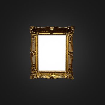 Antique art fair gallery frame on royal black wall at auction house or museum exhibition, blank template with empty white copyspace for mockup design, artwork concept