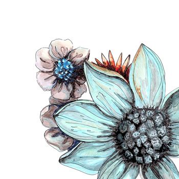 Beautiful floral hand drawn watercolor bouquet, bunch of flowers arrangement, with blue daisy, beige and yellow flowers, isolated on white background. Can be used for invitations or wedding design.