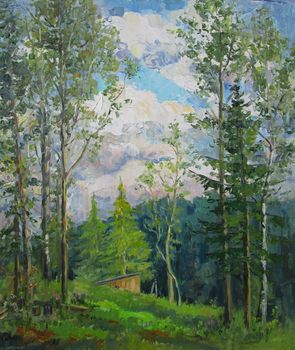 Sunny evening in the forest, oil painting. High quality photo