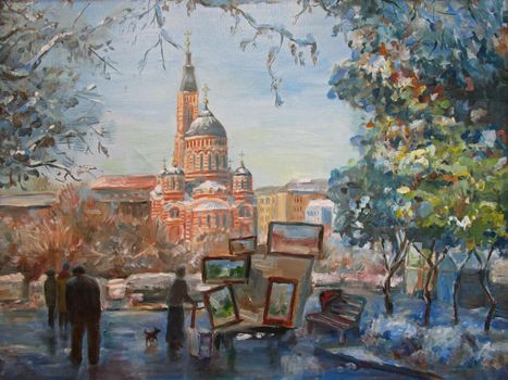 Church in Kharkov, Ukraine. My native town. Oil painting. High quality photo