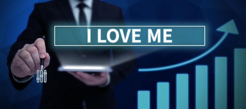 Sign displaying I Love Me, Business overview To have affection good feelings for oneself selfacceptance Sitting Woman Talking And Putting Important Notes On String.