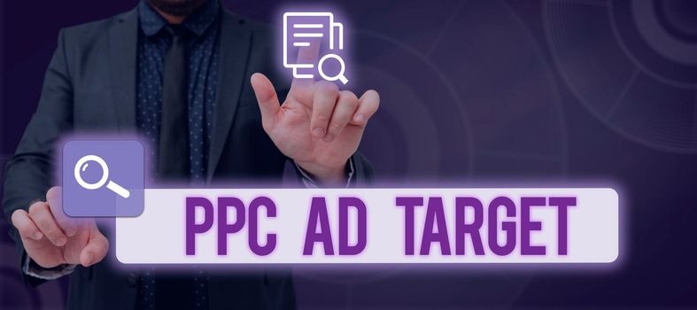 Conceptual display Ppc Ad Target, Business overview Pay per click advertising marketing strategies online campaign