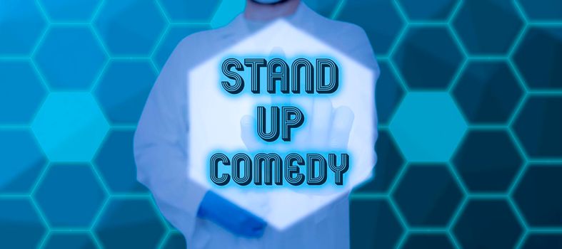 Inspiration showing sign Stand Up Comedy, Conceptual photo Comedian performing speaking in front of live audience Hand Holding Lamp With Formal Outfit Presenting New Ideas For Project,