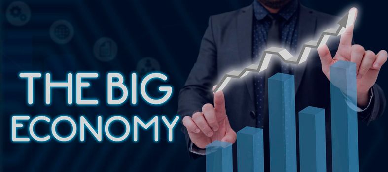 Conceptual caption The Big Economy, Internet Concept Global finances Worldwide Market Trade Money exchange Executive Gesturing And Learning Skill Through Virtual Reality Simulator.