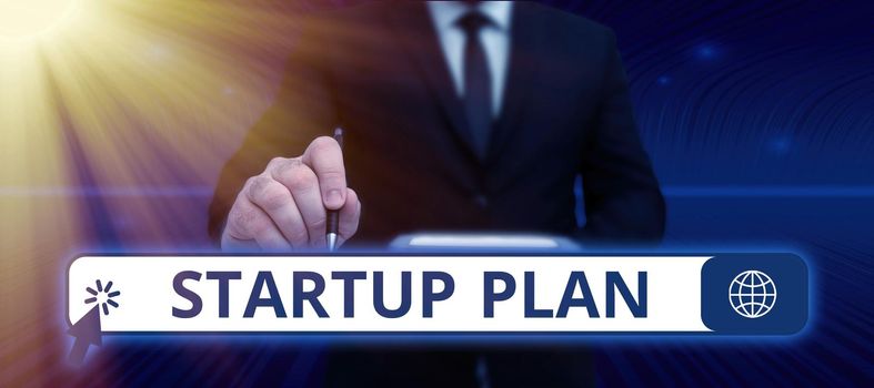 Text showing inspiration Startup Plan, Business idea Development starting planning for newly emerged companies Businessman In Suit Pointing With One Finger On Important Message.