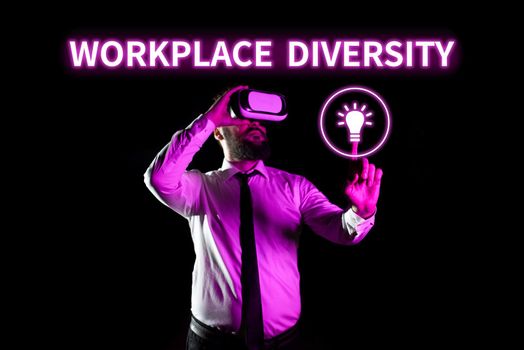 Sign displaying Workplace Diversity, Business overview Different race gender age sexual orientation of workers Businesswoman Holding Tablet And Pointing With One Finger On Important News