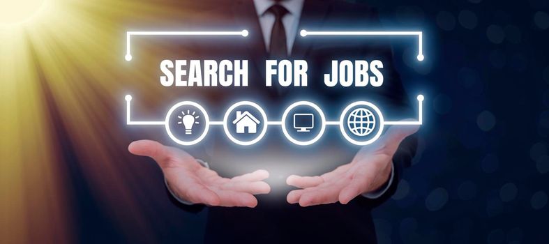 Inspiration showing sign Search For Jobs, Word for Unemployed looking for new opportunities Headhunting Man Holding A Pen And Tablet Showing Important Messages And New Ideas.